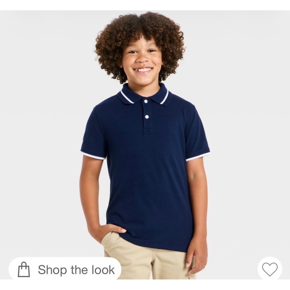 Cat & Jack Boys Short Sleeve Pique Polo Shirt Navy Blue White Tipped XL 14 NWT